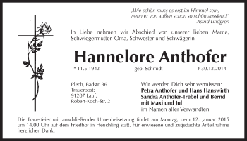 Traueranzeige von Hannelore Anthofer von Pegnitz-Zeitung